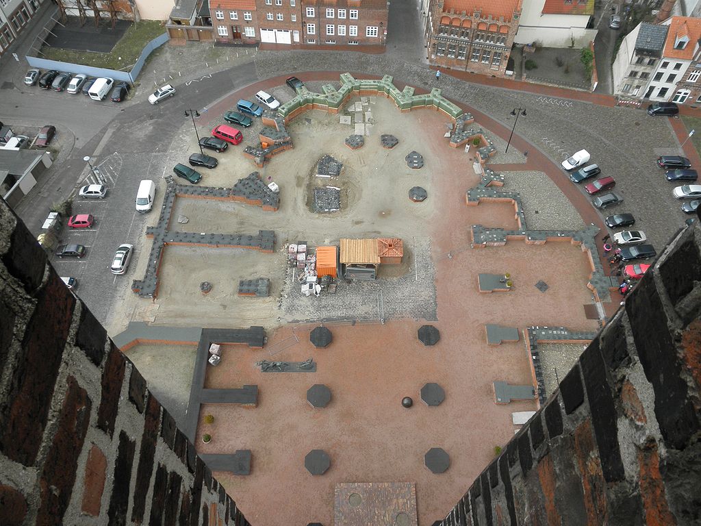 St. Marien - Outline of foundation and supports as viewed from top of church tower.
